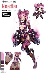  absurdres ahoge ass black_sclera blunt_bangs blunt_ends blush breasts bsapricot chibi cleavage collarbone color_guide colored_sclera commentary earrings elbow_gloves english_commentary english_text female fingerless_gloves full_body girls&#039;_frontline gloves gun hair_between_eyes halo_(series) highres holding holding_gun holding_weapon jewelry leotard looking_at_viewer multiple_views nail_polish navel needler needler_(halo)_(bsapricot) oerba_yun_fang open_mouth original personification pink_hair pointy_ears prosthesis prosthetic_leg saru_(style) short_hair simple_background sleeveless small_breasts standing thighhighs torn_clothes twintails weapon white_background yellow_eyes 