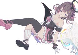  angel angel_and_devil angel_wings asymmetrical_footwear asymmetrical_legwear atk7 bad_id bad_pixiv_id bare_shoulders black_choker black_dress black_footwear black_thighhighs blue_eyes bow breasts brown_hair chinese_commentary choker cleavage closed_mouth commentary demon_wings dress feathered_wings feathers female frilled_dress frilled_gloves frills gloves halo highres medium_hair mismatched_footwear mismatched_legwear multicolored_hair off-shoulder_dress off_shoulder original pink_footwear pink_hair pink_lips rainbow short_dress simple_background single_thighhigh smile socks solo striped_bow striped_clothes striped_socks thighhighs two-tone_hair vertical-striped_clothes vertical-striped_socks white_background white_gloves wings 