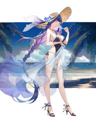  absurdres ankle_flower beach black_footwear black_one-piece_swimsuit blue_eyes blue_flower blue_hair blunt_bangs braid breasts cleavage cloud commentary criss-cross_halter earrings english_commentary female flower food from_side full_body genshin_impact halterneck hand_up hat hat_flower hat_ribbon high_heels highres holding holding_food holding_sarong horizon jewelry jiangyiting17 legs_apart long_hair looking_at_viewer low-braided_long_hair low-tied_long_hair multicolored_hair ocean one-piece_swimsuit outdoors palm_leaf plunging_neckline popsicle purple_hair raiden_shogun ribbon sarong see-through side-tie_swimsuit single_braid sky solo standing stiletto_heels straw_hat streaked_hair sun_hat swimsuit thighs very_long_hair water 