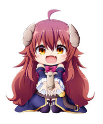  :d ahoge bare_shoulders blue_sleeves brown_eyes brown_hair chibi commentary_request crisis_management_form_(machimazo) curled_horns demon_girl demon_horns detached_sleeves female frilled_sleeves frills full_body hair_between_eyes holding horns kuena lilith_(machikado_mazoku) long_hair long_sleeves looking_at_viewer machikado_mazoku oerba_yun_fang outstretched_arms purple_legwear seiza simple_background sitting smile statue thighhighs v-shaped_eyebrows white_background wide_sleeves yoshida_yuuko_(machikado_mazoku) 