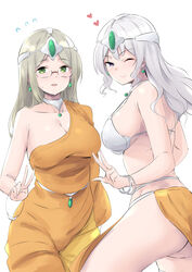  2girls armor ass bikini_armor blonde_hair blush bracelet breasts circlet cleavage cosplay dragon_quest dragon_quest_iv earrings flying_sweatdrops glasses green_eyes grey_hair heart highres jewelry kantai_collection kashima_(kancolle) katori_(kancolle) large_breasts loincloth long_hair manya_(dq4) manya_(dq4)_(cosplay) minea_(dq4) minea_(dq4)_(cosplay) multiple_girls one_eye_closed open_mouth pelvic_curtain purple_eyes sidelocks simple_background smile sweat takomeshi v w white_background white_hair 