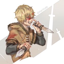  1boy angry blonde_hair blood blood_on_clothes blood_on_face brown_eyes commentary dagger dual_wielding fur_trim holding holding_weapon knife long_sleeves male_focus marliu99 short_hair thorfinn tunic viking vinland_saga weapon 