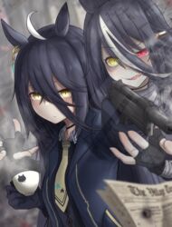  2girls absurdres ahoge animal_ears animal_print beretta_93r black_shirt blue_coat blurry blurry_foreground casing_ejection cat_print chevron_(symbol) coat collared_shirt commentary_request cup earrings english_commentary eyes_visible_through_hair fingerless_gloves firing genderswap_(mtf) ghost gloves gun hair_between_eyes handgun heterochromia highres holding holding_cup holding_gun holding_weapon horse_ears horse_girl jewelry lapels leogust long_bangs manhattan_cafe_(umamusume) mixed-language_commentary multicolored_hair multiple_girls necktie newspaper notched_lapels open_clothes open_coat open_mouth original partial_commentary personification print_cup print_necktie red_eyes rule_63 sharp_teeth shell_casing shirt single_earring smoke smoking_barrel sound_effects star_(symbol) star_print streaked_hair sunday_silence_(racehorse) teacup teeth translucent two-tone_hair umamusume upper_body upper_teeth_only weapon white_hair yellow_eyes yellow_necktie 