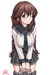  aqua_eyes artist_name black_sailor_collar black_shirt black_skirt blush braid brown_hair buttons closed_mouth collared_shirt cowboy_shot cropped_jacket female hair_between_eyes highres jacket kantai_collection long_hair long_sleeves looking_at_viewer noshiro_(kancolle) noshiro_kai_ni_(kancolle) pleated_skirt sailor_collar shirt signature simple_background skirt solo t2r twin_braids white_background white_jacket 