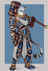  absurd_res andy_(nekomimiranger) angeldraws anthro armor blizzard_entertainment brown_eyes clothing costume fantasy felid fur halloween halloween_costume hammer hi_res holidays male mammal markings maul paladin pantherine smile snow_leopard solo spots spotted_body spotted_fur tools warcraft 