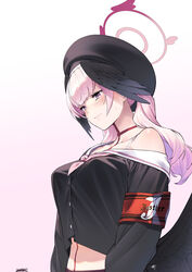  aged_up alternate_breast_size armband beret black_hat black_shirt black_wings blue_archive blush breasts closed_mouth collarbone commentary_request feathered_wings female gradient_background halo hat head_wings highres koharu_(blue_archive) large_breasts long_hair long_sleeves pink_eyes pink_hair red_armband red_halo safety_pin sailor_collar sailor_shirt shimotsuki_eight shirt signature solo twintails upper_body white_sailor_collar wings 