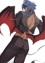  1boy archieloras ass bad_id bad_twitter_id bare_back black_pants black_shirt blue_eyes blue_hair demon_tail demon_wings genshin_impact highres kaeya_(genshin_impact) long_hair looking_back male_focus pants shirt smile solo tail white_background wings 