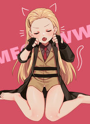  barefoot black_gloves blonde_hair brown_shirt closed_eyes coat commentary facing_viewer female fingerless_gloves genderswap_(mtf) gloves hair_ornament knees_together_feet_apart liquid_ocelot long_hair long_sleeves metal_gear_(series) metal_gear_solid_4:_guns_of_the_patriots necktie noriuma oerba_yun_fang paw_pose pink_background red_necktie rule_63 shirt simple_background sitting solo sweet_snake symbol-only_commentary underwear vest 