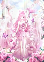  absurdres bird bug butterfly commentary commission danby_merong dress female flower garden headdress highres holding holding_staff long_hair original pink_eyes pink_hair pink_theme rose solo staff swan symbol-only_commentary winged_footwear 