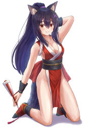  animal_ear_fluff animal_ears arm_behind_head arm_up armpits bare_shoulders black_hair black_socks blush breasts brown_eyes cleavage closed_mouth commentary_request cosplay dress fang_out fatal_fury female full_body hair_between_eyes hair_ornament hairclip high_ponytail highres holding iroha_(iroha_matsurika) kneeling kunoichi-chan_(iroha_(iroha_matsurika)) long_hair medium_breasts ninja obi oerba_yun_fang original pelvic_curtain ponytail red_dress red_socks sash shiranui_mai shiranui_mai_(cosplay) sleeveless sleeveless_dress smile socks solo tail very_long_hair white_background wolf_ears wolf_girl wolf_tail x_hair_ornament 