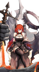  arknights bare_shoulders black_dress black_thighhighs breasts cleavage closed_mouth commentary dress female highres horns large_breasts long_hair looking_at_viewer purple_eyes red_hair sitting smile surtr&#039;s_golem_(arknights) surtr_(arknights) thighhighs thighs tsuizi white_background 