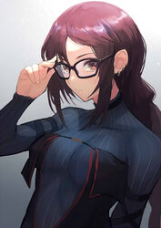  arm_strap black_dress blue_dress braid braided_ponytail breasts brown_eyes brown_hair center_opening dress earrings fate/grand_order fate_(series) female glasses grey_dress highres jewelry layered_dress long_hair long_sleeves medium_breasts multiple_earrings otsukemono ribbed_dress ribbon-trimmed_dress single_braid solo very_long_hair yu_mei-ren_(fate) yu_mei-ren_(first_ascension)_(fate) 