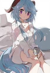  blue_hair breasts can closed_mouth collarbone collared_shirt commentary_request dress_shirt feet_out_of_frame female ganyu_(genshin_impact) genshin_impact hair_between_eyes highres holding holding_can horns knees_together_feet_apart long_hair long_sleeves looking_at_viewer medium_breasts nail_polish naked_shirt pink_nails purple_eyes shadowsinking shirt simple_background sitting slime_(genshin_impact) solo very_long_hair white_background white_shirt 