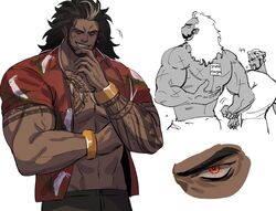  2boys animal_print baptiste_(overwatch) bara beard bird_print brk_603 cropped_legs dark-skinned_male dark_skin doodle_inset dreadlocks eye_focus facial_hair frown grin huge_pectorals jewelry long_hair looking_at_viewer male_focus mature_male mauga_(overwatch) multiple_boys muscular muscular_male necklace nipples open_clothes open_shirt overwatch overwatch_1 seductive_smile size_difference smile sticker teasing thick_eyebrows tooth_necklace 