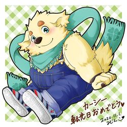  1:1 anthro bird_dog blush canid canine canis chibi clothing cu_sith_(tas) domestic_dog fur golden_retriever hunting_dog lifewonders male mammal mijinkoooknijim overalls retriever scarf sitting slightly_chubby solo tokyo_afterschool_summoners yellow_body yellow_fur 