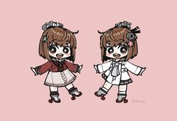  2girls anchor_symbol binoculars black_sailor_collar brown_eyes brown_hair brown_neckerchief cherry_blossoms chibi dress flower full_body grey_dress grey_neckerchief grey_sailor_collar hair_flower hair_ornament headgear kantai_collection looking_at_viewer multiple_girls neckerchief open_mouth pink_background red_shirt round_teeth sailor_collar sailor_dress sailor_shirt shide_kouri shirt short_hair speaking_tube_headset standing symmetry tan_yang_(kancolle) teeth turret twitter_username upper_teeth_only white_dress yukikaze_(kancolle) 