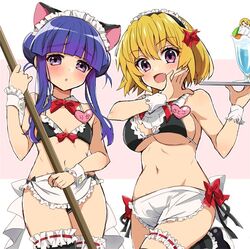  2girls :d :o aged_up apron bikini black_bikini blonde_hair blue_hair blunt_bangs breasts choker detached_collar eru flat_chest frilled_apron frilled_bikini frilled_choker frills furude_rika hairband higurashi_no_naku_koro_ni houjou_satoko large_breasts long_hair maid maid_apron maid_bikini maid_headdress multiple_girls name_tag navel oerba_yun_fang ojou-sama_pose open_mouth oppai_loli purple_eyes shiny_skin short_hair smile standing swimsuit unconventional_maid waist_apron white_apron 