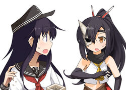  2girls akatsuki_(azur_lane) akatsuki_(kancolle) anchor_symbol azur_lane beans black_gloves black_hair black_headwear black_sailor_collar brown_eyes crossover ebizome elbow_gloves fingerless_gloves flat_cap gloves hair_between_eyes half_mask hat headgear highres historical_name_connection kantai_collection long_hair long_sleeves mamemaki mask masu multiple_girls name_connection neckerchief open_mouth ponytail purple_eyes purple_hair red_neckerchief sailor_collar school_uniform serafuku setsubun simple_background sleeveless sweat white_background yellow_neckerchief 