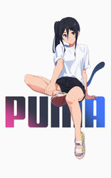  alternate_hairstyle black_hair black_shorts blue_eyes casual commentary female full_body hair_between_eyes hibike!_euphonium highres invisible_chair kamo_kamen long_hair looking_at_viewer nail_polish no_eyewear puma_(brand) shirt shorts side_ponytail sitting solo tanaka_asuka toeless_footwear toenail_polish toenails white_shirt 