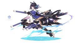  animal_ear_fluff animal_ears azur_lane black_hair black_thighhighs dress female full_body highres kuroba_chihiro mecha_musume medium_hair multiple_swords purple_eyes rigging sakura_empire_(emblem) samurai sheath sheathed simple_background solo thighhighs turret weapon white_background white_dress 