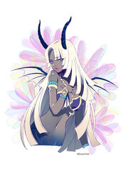  blue_eyes breasts character_name dark-skinned_female dark_skin female highres horns jewelry lipstick long_hair looking_at_viewer makeup mermaid mesarthim monster_girl navel romancing_saga_re;universe saga saga_frontier simple_background solo tomaty. white_background white_hair wings 