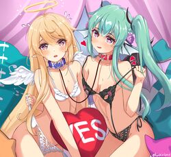  2girls absurdres ahoge alternate_hairstyle angel_wings artist_name bare_shoulders black_panties blonde_hair blue_collar blush bound_together bra bra_pull c_turtle clothes_lift clothes_pull collar collarbone commentary curtains cushion demon_horns demon_wings english_commentary excited finana_ryugu fins fish_girl flower flying_sweatdrops food fruit green_eyes green_hair groin hair_flower hair_ornament hairband halo head_fins heart heart-shaped_pupils highres horns lifting_another&#039;s_clothes lingerie linked_collar long_hair looking_at_viewer midriff multiple_girls navel nervous nijisanji nijisanji_en nipple_cutout nippleless_clothes open_mouth panties panty_lift pointy_ears pomu_rainpuff purple_curtains purple_eyes purple_flower red_collar red_eyes stomach sweat symbol-shaped_pupils tongue tongue_out twintails underwear very_long_hair virtual_youtuber wavy_hair white_panties wings yes yes-no_pillow 