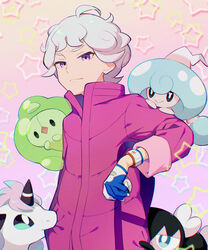  1boy ahoge bede_(pokemon) closed_mouth coat coat_tug commentary_request curly_hair duosion dynamax_band galarian_ponyta gloves gothorita grey_hair hattrem holding kurochiroko looking_at_viewer male_focus pokemon pokemon_(creature) pokemon_swsh purple_coat purple_eyes short_hair sleeves_rolled_up star_(symbol) 