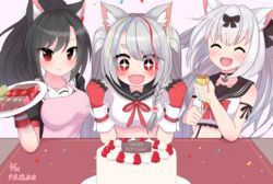  +_+ 3girls :d ^_^ anchor_choker animal_ear_fluff animal_ears apron arm_ribbon azur_lane bare_shoulders beef birthday_cake black_bow black_hair black_sailor_collar black_serafuku blush bow bowtie braid breasts cake cat_ears clenched_hands closed_eyes collar collarbone commentary_request confetti crop_top crop_top_overhang dated eyebrows_hidden_by_hair fangs fingerless_gloves food gloves grey_hair hair_between_eyes hair_ornament hairbow hands_up happy_birthday highres holding holding_plate hoshino_(s22) long_hair looking_at_viewer medium_breasts midriff multiple_girls neck_ribbon oerba_yun_fang open_mouth party_popper pink_apron pink_background plate ponytail red_bow red_collar red_eyes red_gloves red_ribbon ribbon sailor_collar school_uniform serafuku shigure_(azur_lane) shirt short_eyebrows short_sleeves side_braid sidelocks simple_background skirt smile suspender_skirt suspenders swept_bangs thick_eyebrows translation_request twintails upper_body white_sailor_collar white_shirt wolf_ears wolf_girl yukikaze_(azur_lane) yuudachi_(azur_lane) 