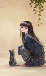  bad_id bad_twitter_id black_cat blunt_bangs brown_eyes brown_hair commentary feline female highres leaf lizchief long_hair looking_at_viewer original pleated_skirt school_uniform simple_background skirt solo squatting straight_hair 