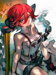  a.b.a bandaged_chest bandages chains female guilty_gear guilty_gear_xx highres key key_in_head object_through_head paracelsus_(guilty_gear) red_hair short_hair stitched_mouth stitches yohane_shimizu 