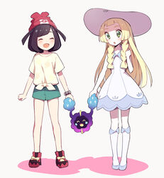  2girls bad_id bad_pixiv_id beanie black_hair blonde_hair braid closed_eyes commentary_request cosmog dress green_eyes green_shorts hat kurochiroko lillie_(pokemon) long_hair multiple_girls open_mouth pokemon pokemon_(creature) pokemon_sm red_headwear selene_(pokemon) shirt short_hair short_sleeves shorts simple_background sleeveless sleeveless_dress sun_hat tied_shirt twin_braids white_background white_dress white_headwear z-ring 