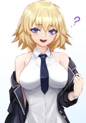  ? bare_shoulders black_jacket blonde_hair blue_eyes blush braid braided_ponytail breasts fate/apocrypha fate_(series) female highres jacket jeanne_d&#039;arc_(fate) jeanne_d&#039;arc_(girl_from_orleans)_(fate) jeanne_d&#039;arc_(ruler)_(fate) large_breasts long_hair long_sleeves looking_at_viewer necktie off_shoulder open_clothes open_jacket open_mouth shirt sleeveless sleeveless_shirt smile solo umeo_(pixiv51103813) watch white_shirt wristwatch 