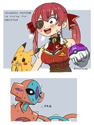  :d ^^^ ascot breasts commentary crossover deoxys english_text eyepatch female gloves grey_background holding holding_poke_ball hololive houshou_marine houshou_marine_(1st_costume) long_hair master_ball medium_breasts nyaring943 one_eye_covered pikachu poke_ball pokemon pokemon_(creature) red_ascot red_eyes red_hair red_vest smile sweat twintails vest virtual_youtuber white_gloves wide-eyed 