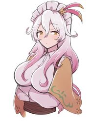  apo_518 breasts closed_mouth collared_shirt crossed_arms elsje_(rune_factory) female headdress highres large_breasts long_hair looking_at_viewer multicolored_hair pink_hair rune_factory rune_factory_5 shirt two-tone_hair white_hair yellow_eyes 