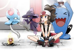  antenna_hair baseball_cap blue_eyes blush boots brown_hair commentary_request diglett eyelashes female food hat high_ponytail hilda_(pokemon) mismagius mouth_hold pokemon pokemon_(creature) pokemon_bw popsicle shirt shorts sidelocks sitting spread_legs sweat takuteks tentacool vest wet wet_clothes wet_shirt wobbuffet 