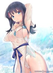  arm_behind_head arm_up armpits bare_shoulders black_hair blue_eyes blue_ribbon blush breasts closed_mouth covered_nipples dress fate/grand_order fate/requiem fate_(series) female fundoshi japanese_clothes jewelry large_breasts long_sleeves looking_at_viewer magatama magatama_hair_ornament md5_mismatch medium_hair mujinbensin multicolored_hair necklace pelvic_curtain photoshop_(medium) pink_hair puffy_long_sleeves puffy_sleeves ribbon see-through short_dress sideboob sideless_outfit sidelocks solo streaked_hair thighs utsumi_erice white_dress 