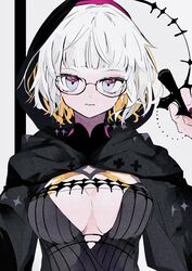  absurdres bad_id bad_pixiv_id black_dress black_jacket blue_eyes breasts cleavage commentary cropped_jacket dress fate/grand_order fate_(series) female glasses grey_hair highres hood hood_up hooded_jacket jacket jacques_de_molay_(foreigner)_(fate) jacques_de_molay_(foreigner)_(second_ascension)_(fate) large_breasts long_sleeves looking_at_viewer note_nii open_clothes open_jacket short_hair solo 