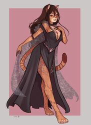  absurd_res angeldraws anthro barefoot black_clothing black_dress cass_(nekomimiranger) clothing costume dress feet felid feline female fur halloween halloween_costume hi_res holidays jewelry leopardus magic_user mammal markings necklace ocelot side_slit side_slit_clothing side_slit_dress solo spots spotted_body spotted_fur 