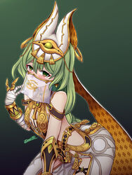  :d arabian_clothes arm_guards bandaged_arm bandages bare_shoulders braid braided_ponytail claw_ring earrings female green_background green_eyes green_hair grin highres honkai_(series) honkai_impact_3rd jewelry long_hair looking_at_viewer mobius_(honkai_impact) mobius_(scorching_gravel)_(honkai_impact) mouth_veil smile solo teeth veil zero130 