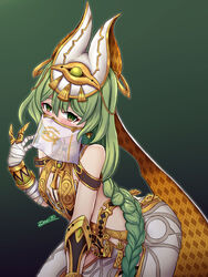  :d arabian_clothes arm_guards bandaged_arm bandages bare_shoulders braid braided_ponytail claw_ring earrings female green_background green_eyes green_hair grin highres honkai_(series) honkai_impact_3rd jewelry long_hair looking_at_viewer mobius_(honkai_impact) mobius_(scorching_gravel)_(honkai_impact) mouth_veil smile solo teeth veil zero130 