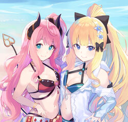  2girls aqua_bikini asymmetrical_docking beach bikini black_bow black_scrunchie blonde_hair blue_eyes blunt_bangs blush bow bracelet breast_press breasts cleavage clothing_cutout collarbone criss-cross_halter elf flower hair_flower hair_ornament hair_scrunchie hair_up hairbow halterneck hand_on_own_hip high_ponytail highres horns jewelry large_breasts layered_bikini long_hair looking_at_viewer multiple_girls navel o-ring o-ring_top outdoors pink_hair pointy_ears ponytail princess_connect! saren_(princess_connect!) saren_(summer)_(princess_connect!) scrunchie shimon_(31426784) shoulder_cutout sideways_glance smile suzuna_(princess_connect!) suzuna_(summer)_(princess_connect!) swimsuit tail two-tone_bikini very_long_hair 