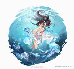  air_bubble bare_legs bare_shoulders barefoot bikini breasts brown_eyes brown_hair bubble chinese_commentary closed_mouth commentary_request company_name copyright_notice facing_viewer female floating_hair flower full_body girls&#039;_frontline girls&#039;_frontline_neural_cloud hair_flower hair_ornament jellyfish long_hair medium_breasts midriff neon_(zuicongming) ocean official_alternate_costume official_art round_image sarong seafloor seaweed solo souchun_(aquatic_fragrance)_(neural_cloud) souchun_(neural_cloud) swimsuit type_64_(girls&#039;_frontline) underwater water watermark weibo_logo weibo_watermark white_bikini white_flower white_sarong 