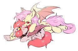  bat_pony bat_wings cutie_mark duo equid fan_character female feral flutterbat_(mlp) fluttershy_(mlp) friendship_is_magic fur grey_body grey_fur hair hasbro inner_ear_fluff mammal membrane_(anatomy) membranous_wings my_little_pony pink_hair pink_tail red_eyes red_tail swaybat tail tuft wings yellow_body yellow_eyes yellow_fur 