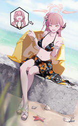  absurdres alternate_costume aru_(blue_archive) bad_anatomy bad_leg beach bikini black_bikini black_horns black_sarong blue_archive blush breasts collarbone day demon_horns female floral_print halo highres horns large_breasts legs long_hair looking_at_viewer md5_mismatch multiple_views nail_polish navel open_mouth outdoors peropicnic pink_hair pink_halo print_bikini sandals sarong signature sitting starfish swimsuit thought_bubble toenail_polish toenails toes yellow_eyes 