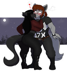  anthro blush boots canid canine clothing domestic_cat duo ebony_(jwinkz) felid feline felis female footwear hair heart_symbol high_heeled_boots high_heels jwinkz kissing lanefurno mammal muscular night 