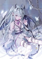  :q bare_shoulders black_wings blue_eyes blue_wings blush candy chains closed_mouth commentary_request demon_girl demon_horns demon_tail demon_wings dress ear_piercing feet_out_of_frame female fingernails food garter_straps grey_hair hair_between_eyes highres holding holding_candy holding_food holding_lollipop horns ibara_riato lollipop long_fingernails long_hair long_sleeves looking_at_viewer one_side_up original piercing pointy_ears sitting sleeves_past_fingers sleeves_past_wrists smile solo striped_clothes striped_thighhighs tail thighhighs tongue tongue_out two-tone_wings very_long_hair white_dress wings 