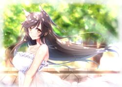  animal_ears atago_(azur_lane) azur_lane black_hair blurry blurry_background breasts choco_chip cowboy_shot dress extra_ears female gown large_breasts long_hair mole mole_under_eye smile solo stone_wall swept_bangs tree wall yellow_eyes 