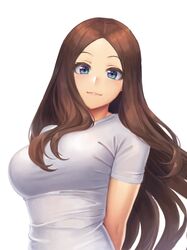  alternate_costume aqua_eyes arms_behind_back breasts brown_hair closed_mouth commentary_request fate/grand_order fate_(series) female forehead large_breasts leonardo_da_vinci_(fate) lips long_hair looking_at_viewer pink_lips ranma_(kamenrideroz) shirt short_sleeves simple_background solo t-shirt upper_body very_long_hair wavy_hair white_background white_shirt 