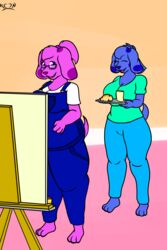  anthro anthrofied big_breasts blue&#039;s_clues blue_(blue&#039;s_clues) breasts canid canine clothing duo female female/female food hi_res magenta_(blue&#039;s_clues) mammal nekonishin nickelodeon overalls pregnant pregnant_anthro pregnant_female tray 