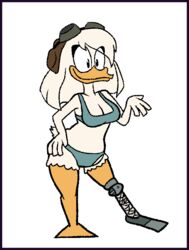  anatid anseriform anthro avian bird border bra clothed clothing della_duck disney duck ducktales ducktales_(2017) female marcodile panties partially_clothed prosthetic prosthetic_limb purple_border simple_background solo underwear white_background 